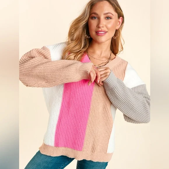 Color Block Knit V-Neck Pullover Relaxed Fit Sweater, Pink/Gray/Tan/White, S-M-L - Picture 7 of 10